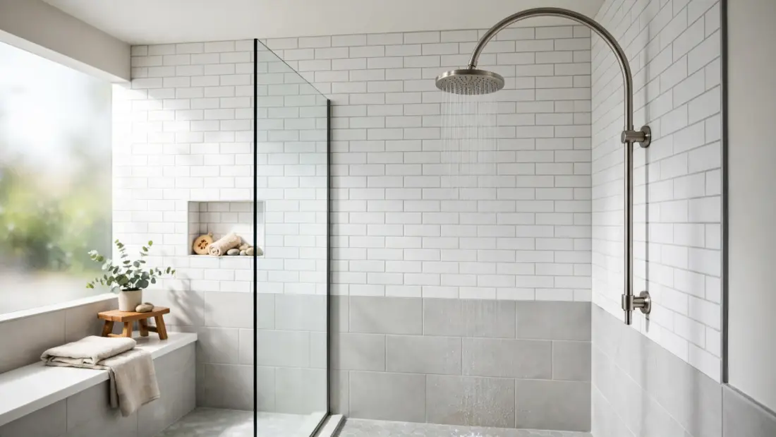 Gooseneck shower arm in a modern bathroom