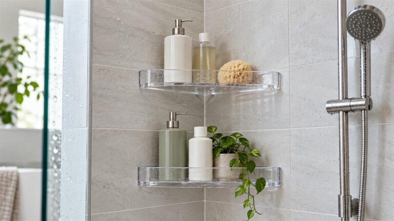 Two clear acrylic corner shelves hold plain bottles and a small plant.