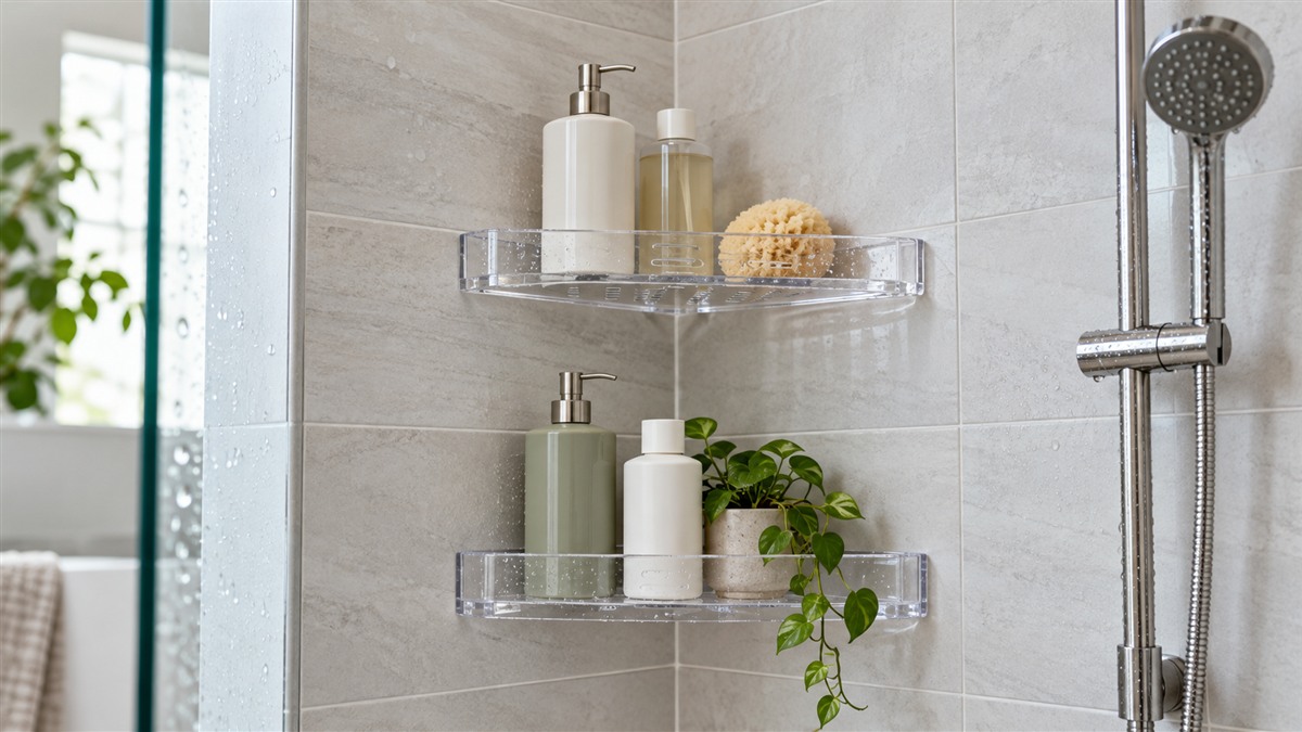 Two clear acrylic corner shelves hold plain bottles and a small plant.