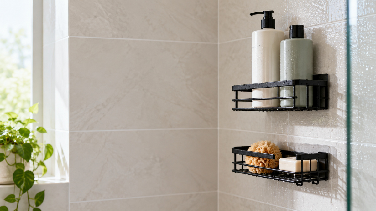 A tiled shower wall with two black adhesive caddies holding shampoo bottles and soap.