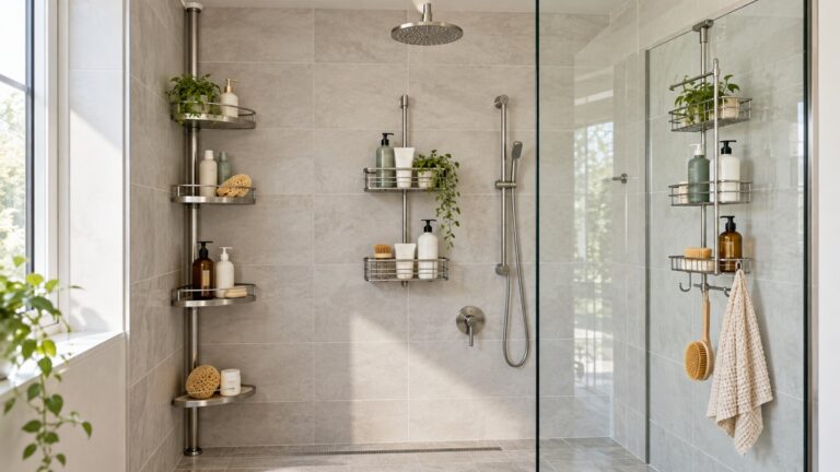 Multiple adjustable shower shelf configurations installed in a bright modern shower.