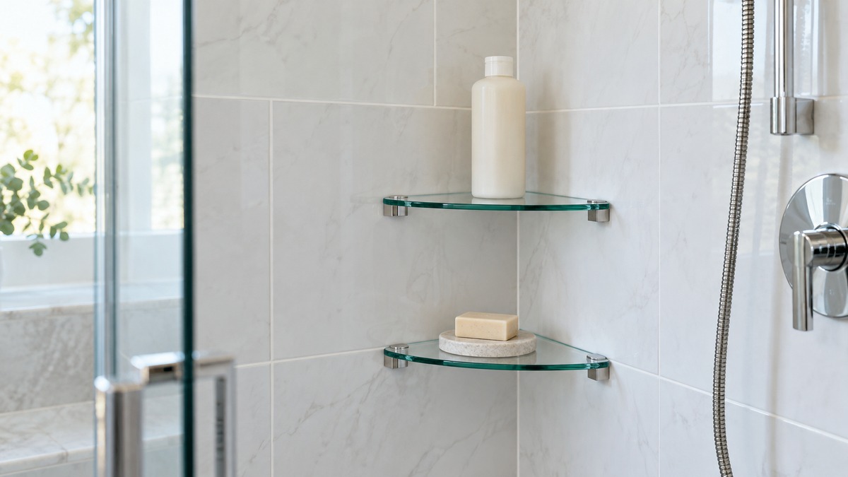Two clear tempered glass triangular shelves mounted in a corner of a tiled shower, holding a bottle of shampoo and a bar of soap.
