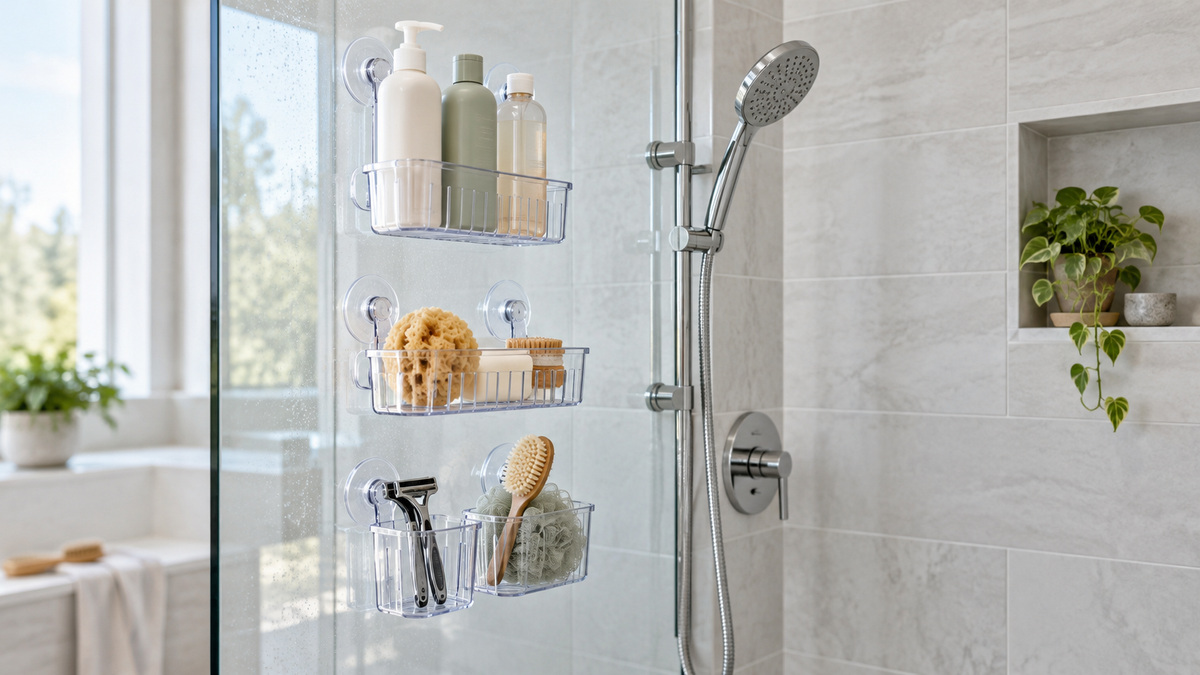 A clear shower wall with several suction-mounted baskets holding shampoo, soap, razors, and bath items.