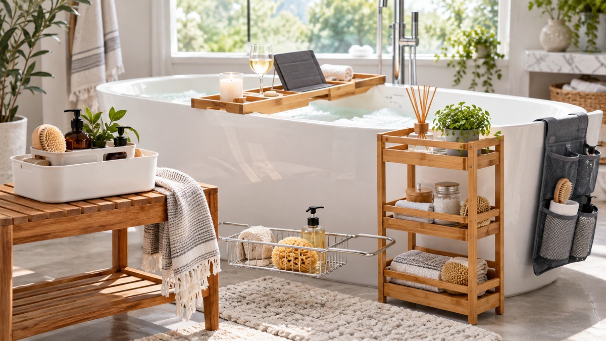 Generic bath caddies and organizers in a modern bathroom.