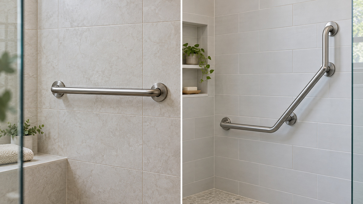A straight shower grab bar beside an angled multi-grip rail on neutral tile.