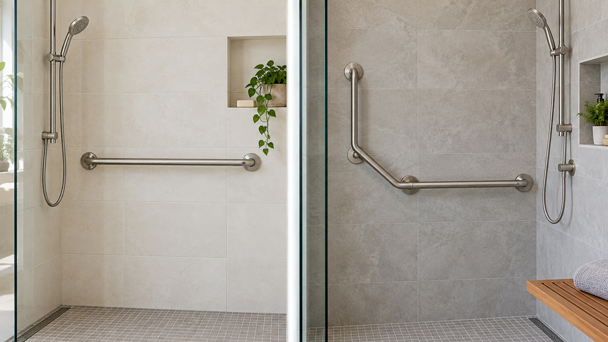 Two generic bathroom grab-bar systems with different mounting configurations.
