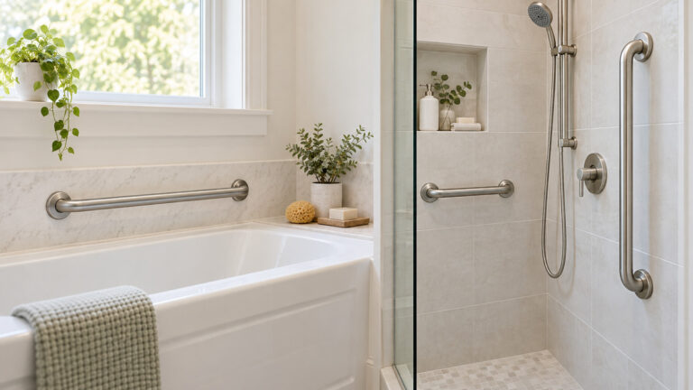 Editorial comparison scene featuring generic bath shower grab bars ravinte hardware options in natural light.