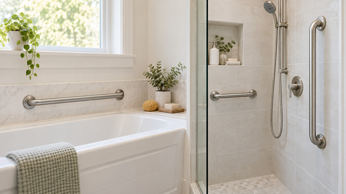 Editorial comparison scene featuring generic bath shower grab bars ravinte hardware options in natural light.
