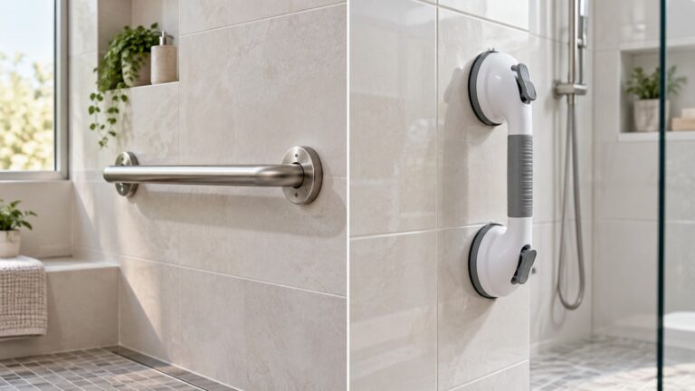 Side-by-side view of the Ravinte Hardware and LEVERLOC bath & shower grab bars products on a neutral background, emphasizing visible differences in size and configuration.