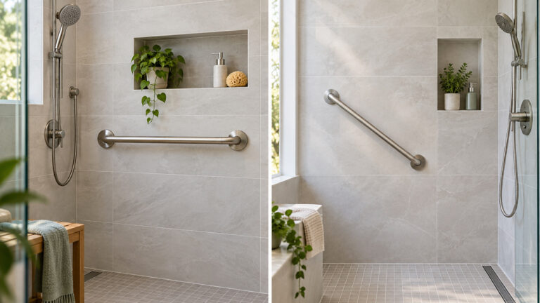Straight and angled bathroom grab bars in an accessible shower.