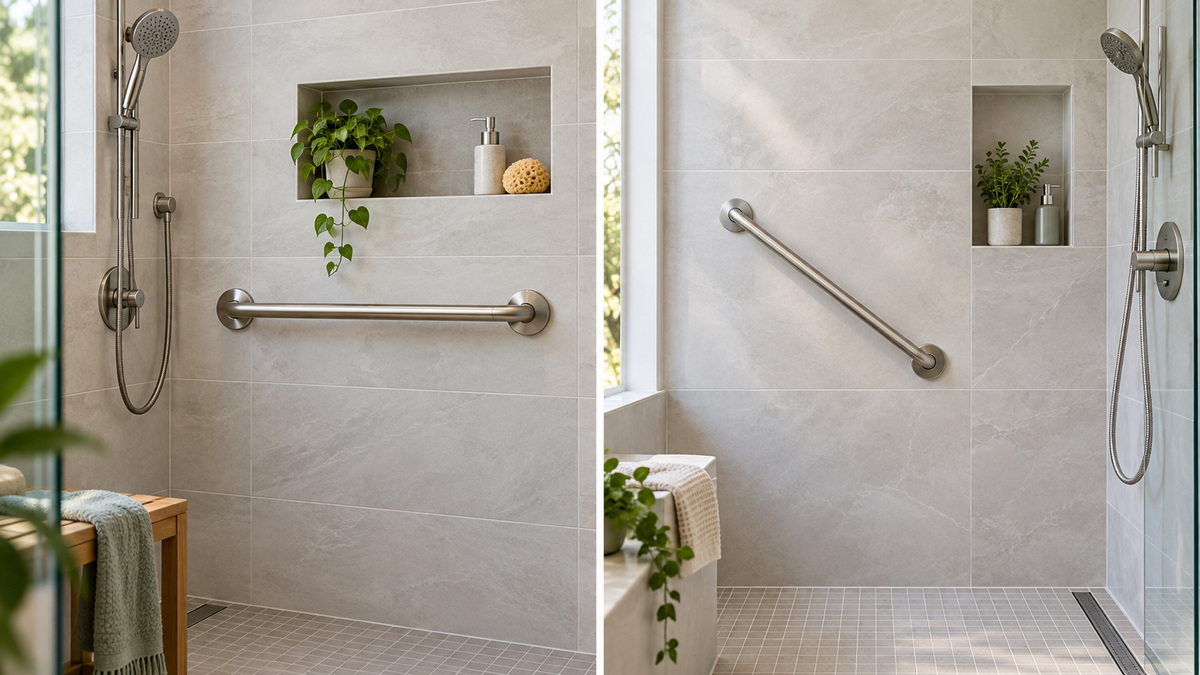 Straight and angled bathroom grab bars in an accessible shower.