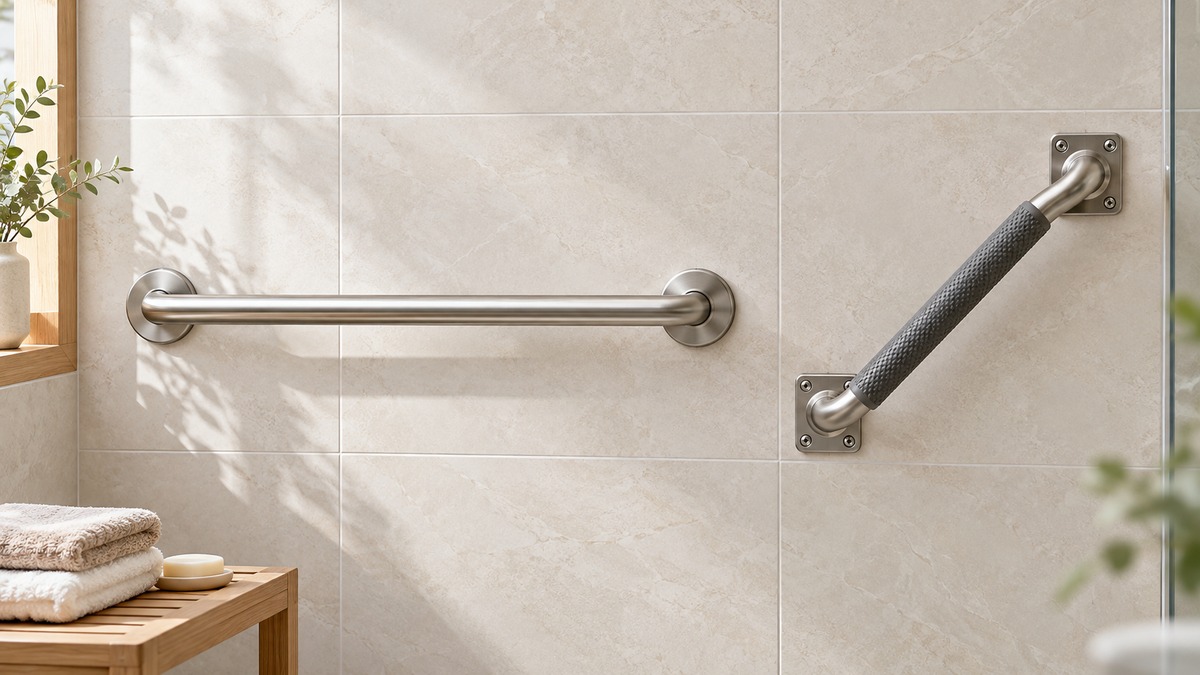 Editorial comparison scene for bath shower grab bars ravinte hardware versus reyiu.
