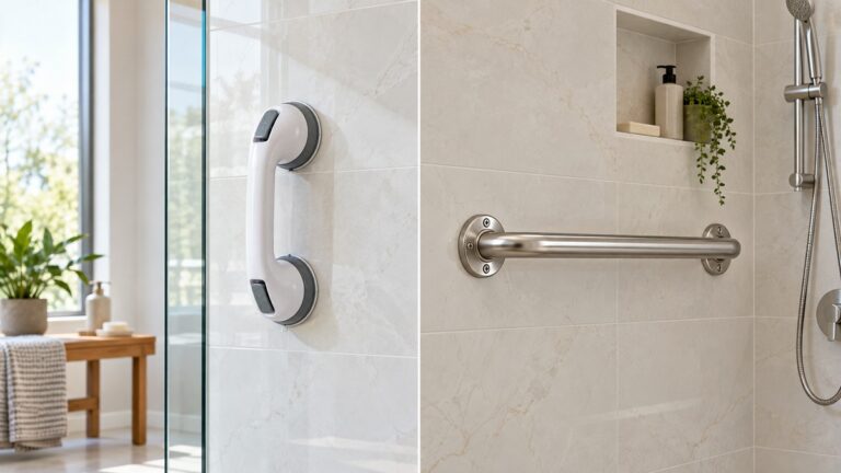 Side-by-side product image of the TAILI and Ravinte Hardware bath & shower grab bars taili options on a clean neutral background, showing their visible size and design differences.