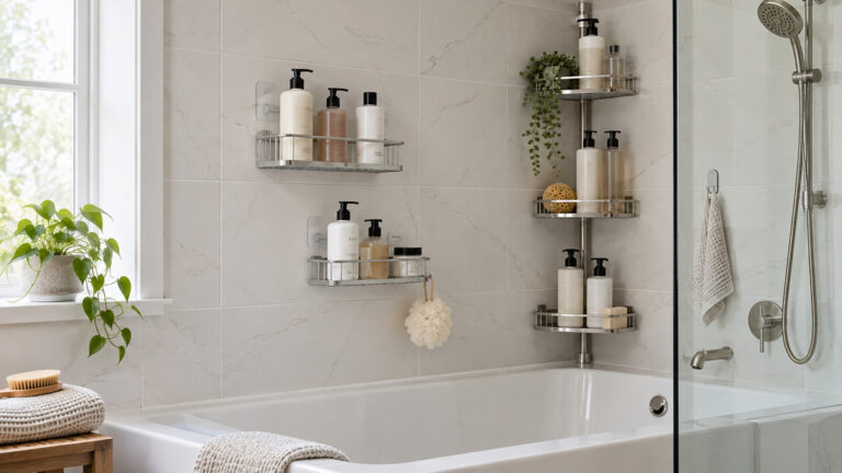 A bright bathroom tub and shower wall showing adhesive, hanging, and tension bath racks holding bottles.