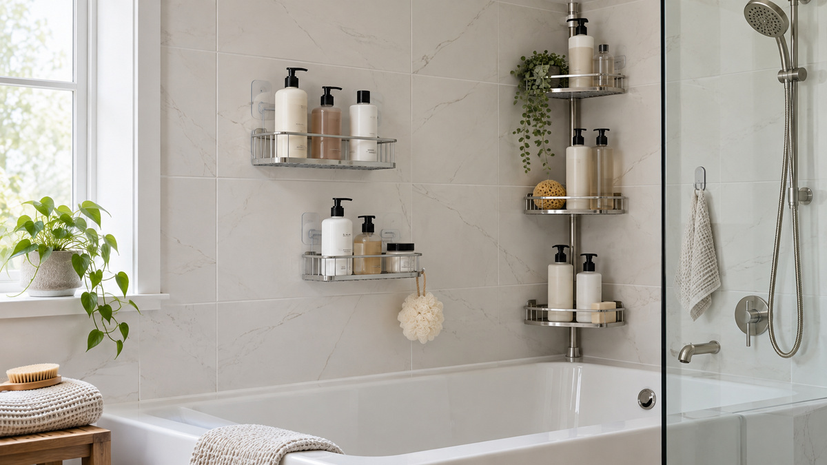 A bright bathroom tub and shower wall showing adhesive, hanging, and tension bath racks holding bottles.