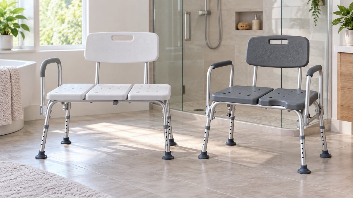 Two generic shower transfer benches with different seat and backrest configurations.