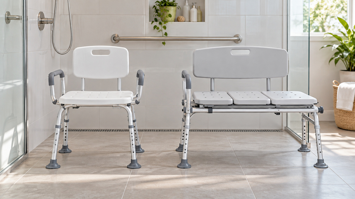 Side-by-side product image of the HOMLAND and Drive Medical bath & shower safety seating & transfer benches homland options on a clean neutral background, showing their visible size and design differences.
