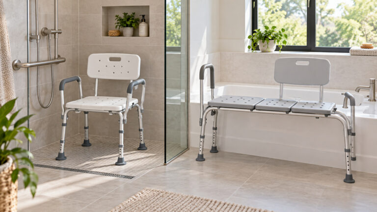 A clean editorial comparison scene showing generic bath shower safety seating transfer benches homland and ibosins options side by side.