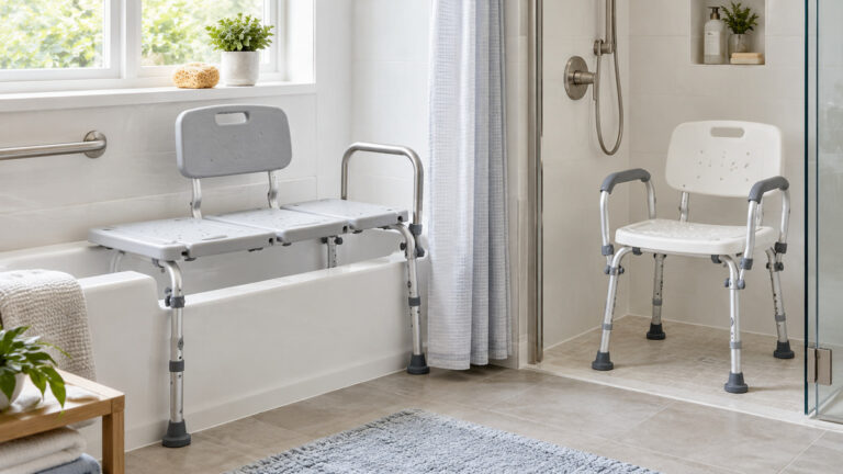 A tub transfer bench beside a compact adjustable shower chair in an accessible bathroom.