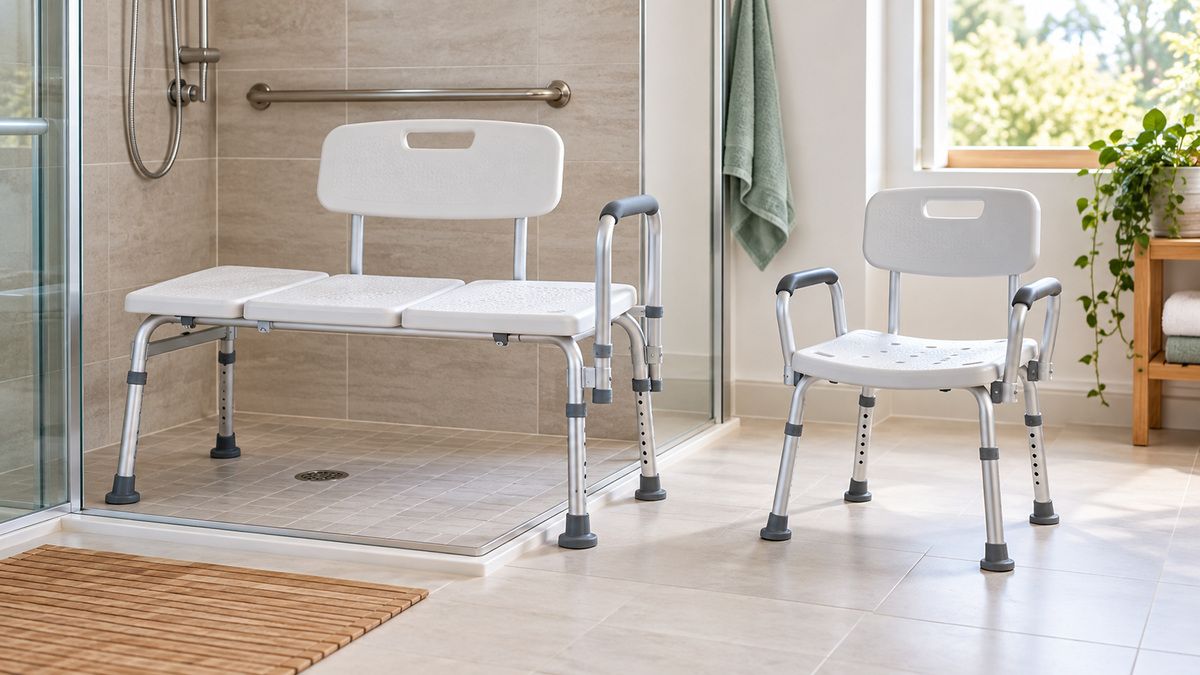 A wide transfer bench and compact adjustable shower chair in a bright bathroom.