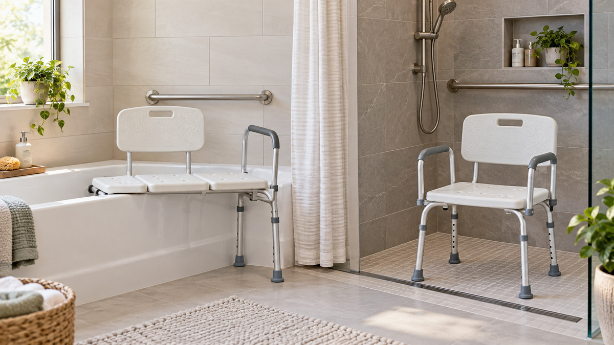 Editorial comparison scene featuring generic bath shower safety seating transfer benches medline options in natural light.