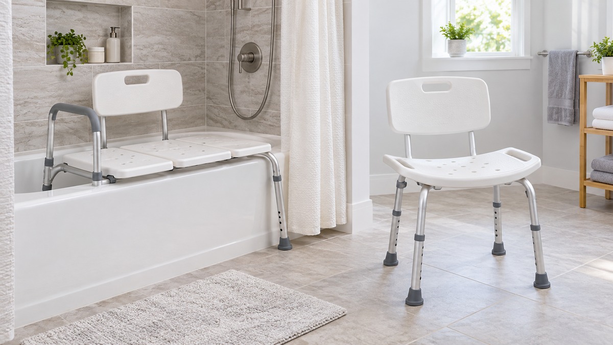Side-by-side view of the Medline and LEJANEOYE bath & shower safety seating & transfer benches products on a neutral background, emphasizing visible differences in size and configuration.