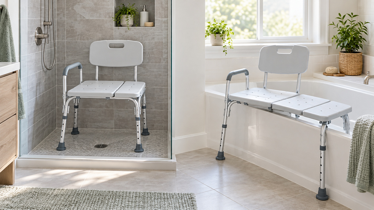 Two adjustable shower transfer bench configurations in a bright bathroom.