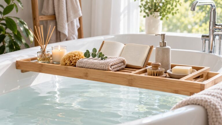 A clean bathtub organizer with unbranded bath items.