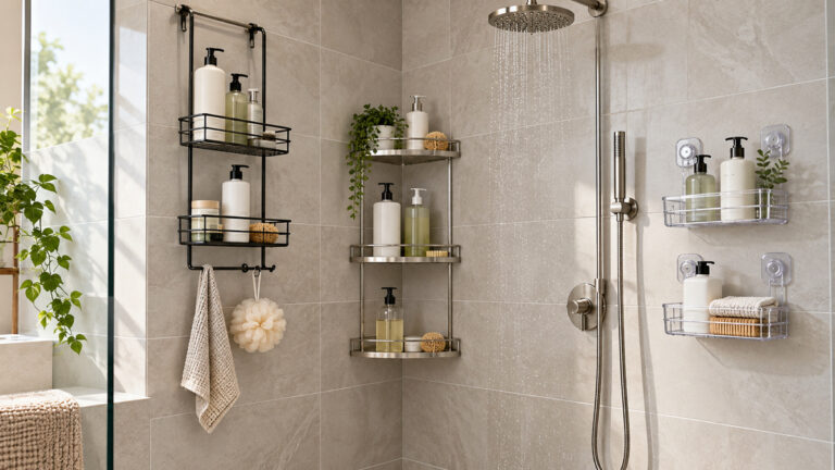 Several generic shower organisers arranged in a bright neutral tiled shower.