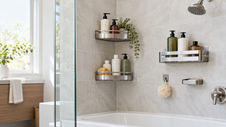 A clear view of a tiled shower wall with corner and flat-wall adhesive shower shelves holding bottles.
