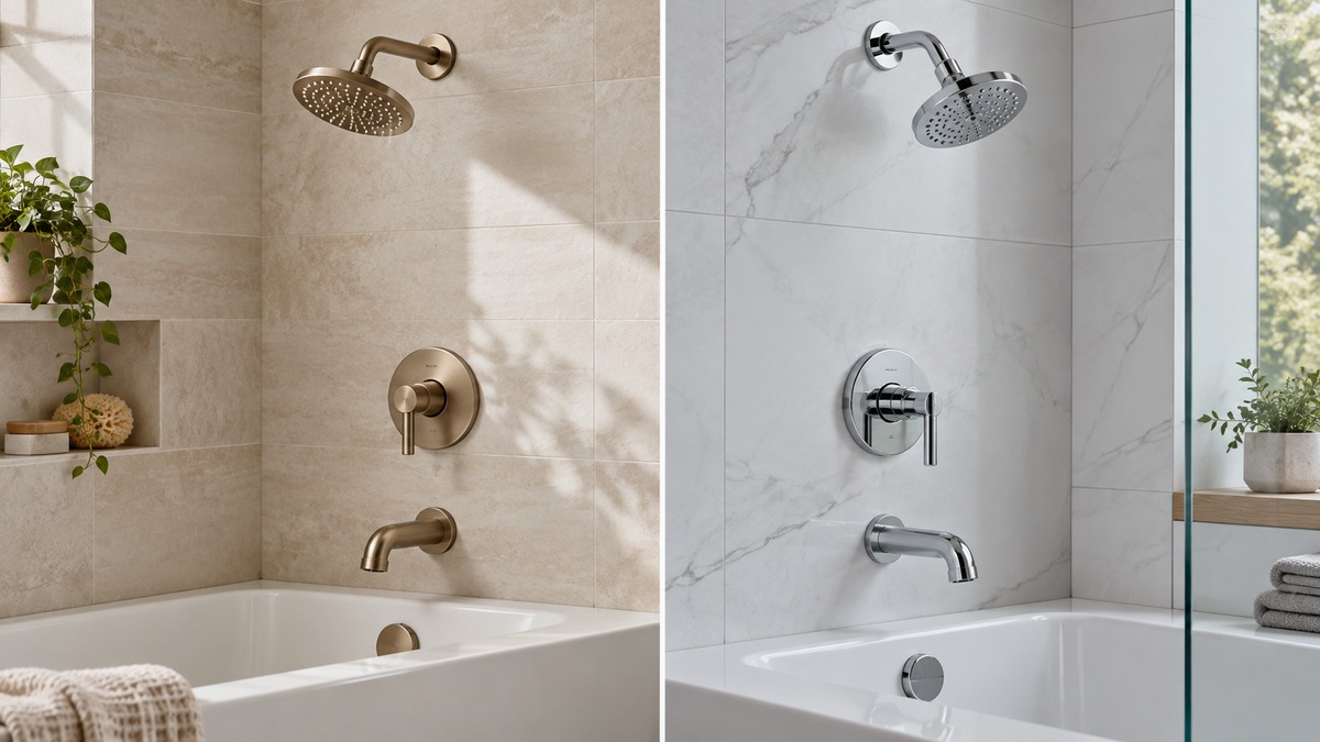 Editorial comparison scene for bathtub shower trim systems veken versus razime.