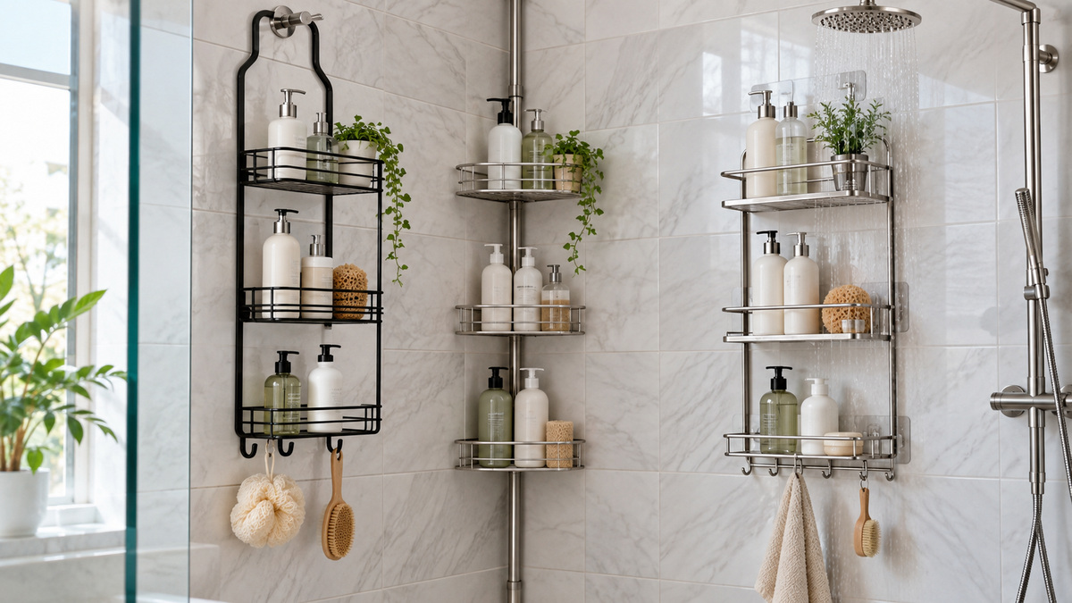 Three-tier shower caddy options are arranged in a bright clean tiled shower.
