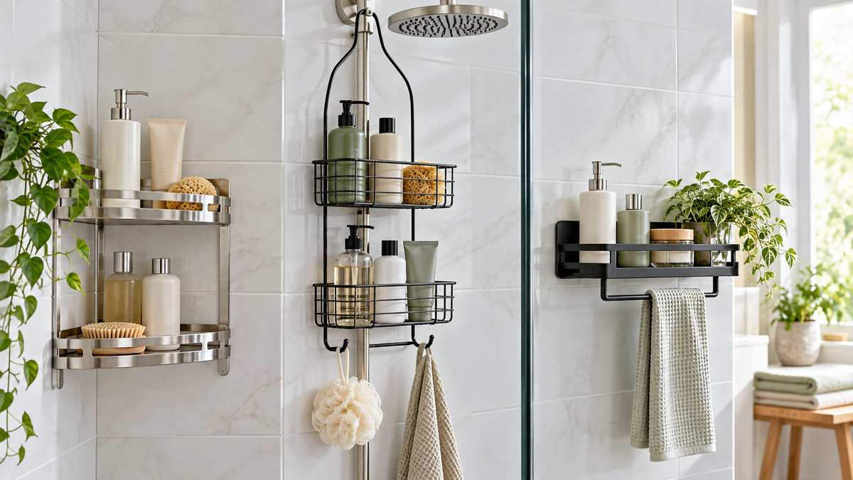 Several generic bathroom caddy styles compared in a bright tiled shower.