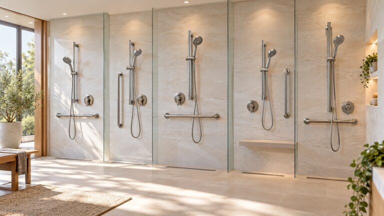 Five accessible adjustable shower slide bar configurations in a spacious bright bathroom.