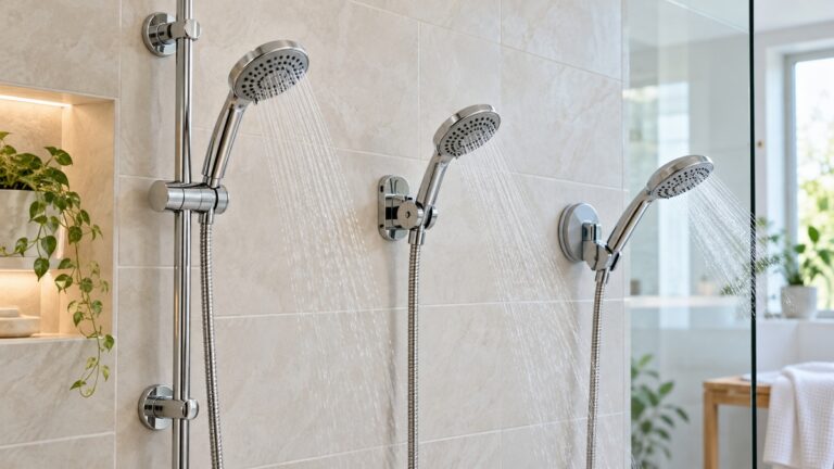 Adjustable brackets support handheld shower heads on a bright tiled shower wall.