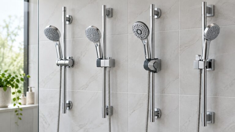 Adjustable handheld shower head holders mounted on chrome slide bars in a tiled shower.