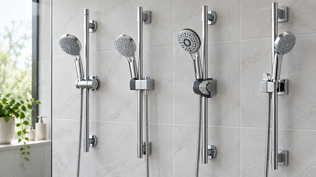 Adjustable handheld shower head holders mounted on chrome slide bars in a tiled shower.