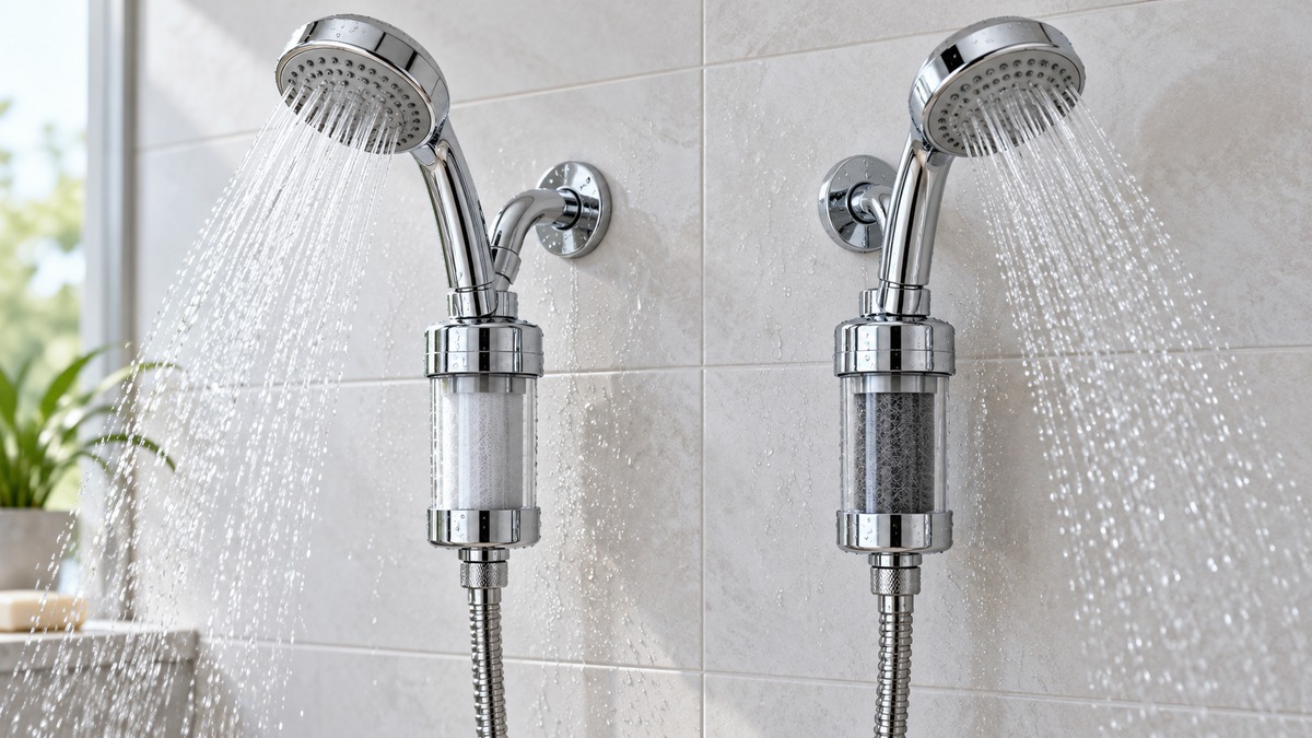 Two chrome filtered shower heads side by side on a bathroom wall, with a cartridge and hose visible below.