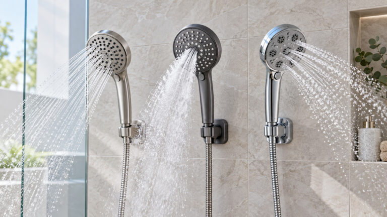 Generic high-pressure handheld showerheads compared in a bright modern shower.