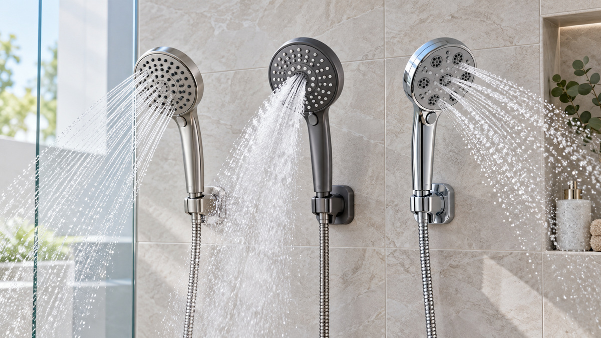 Generic high-pressure handheld showerheads compared in a bright modern shower.