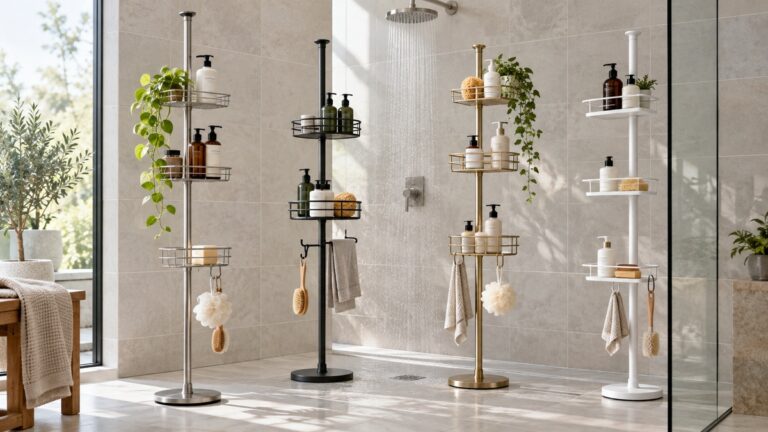 Contemporary freestanding shower caddies arranged in a bright tiled shower.