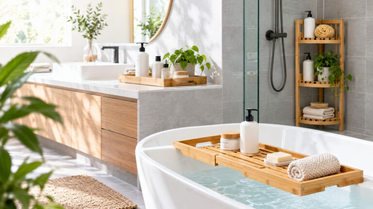A bright bathroom with bamboo tub tray, counter tray, and corner stand arranged for comparison.