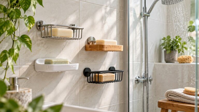 Generic bar soap caddies in a bright modern shower.