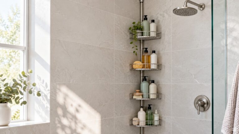 A floor-to-ceiling 4-tier tension corner shower caddy installed in a tiled shower corner with bottles on each shelf.