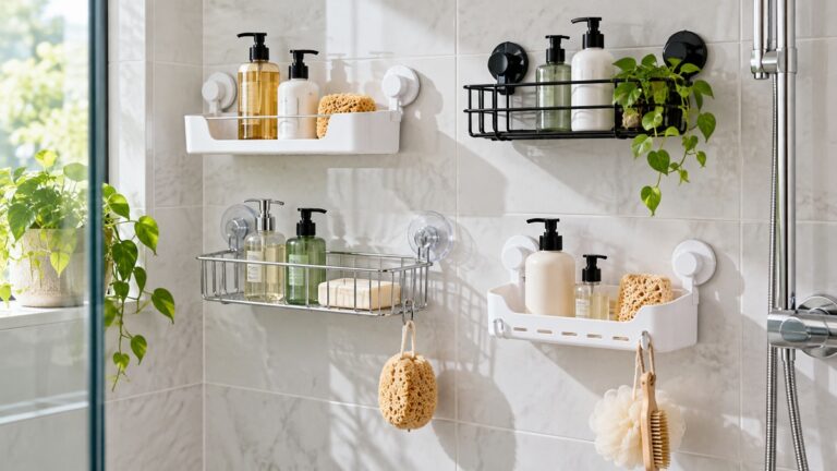 Several suction-cup bath caddies mounted in a bright tiled shower.