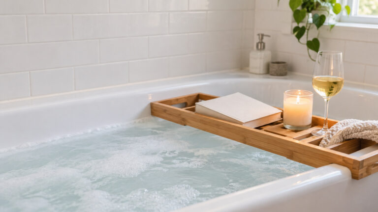 A wooden bath caddy resting across a filled bathtub with book, candle, and wine glass in soft bathroom light.