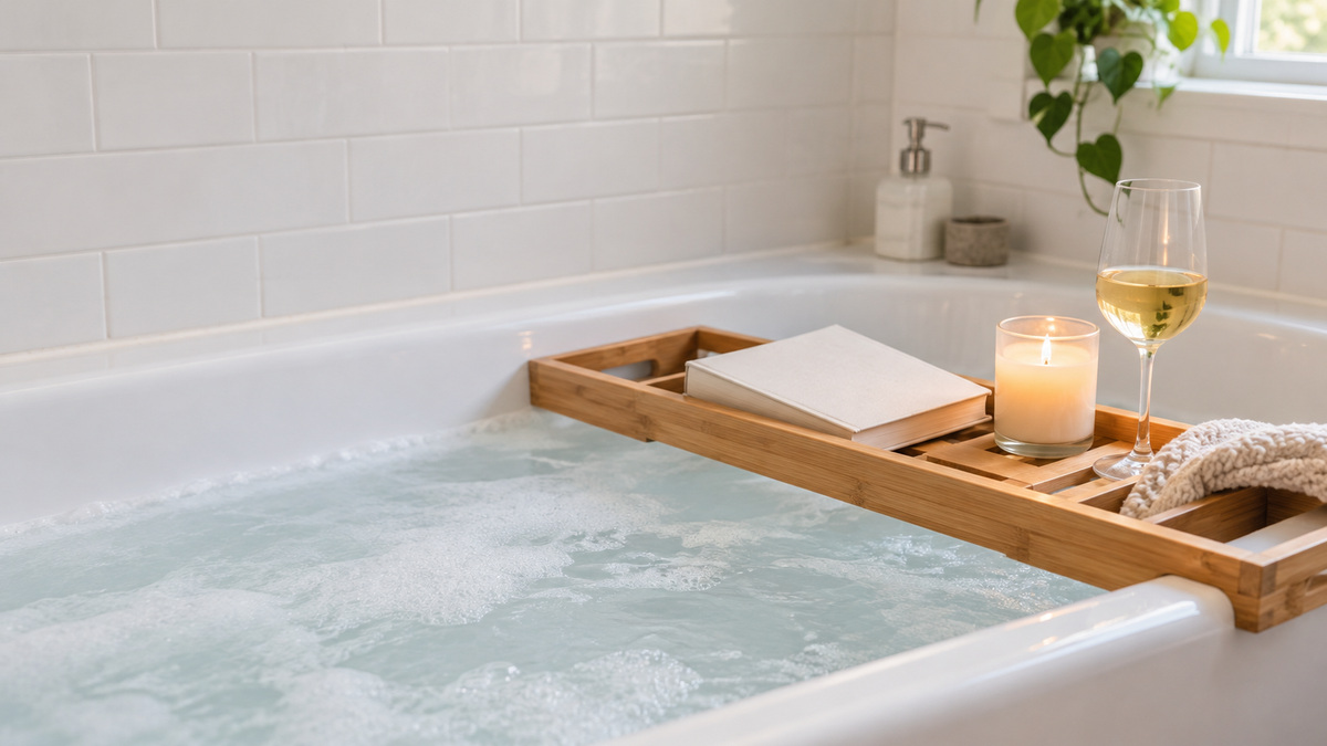 A wooden bath caddy resting across a filled bathtub with book, candle, and wine glass in soft bathroom light.