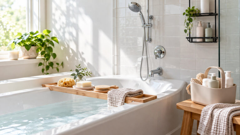 A bright bathroom showing a bathtub tray across the tub and a portable shower tote on a bench.