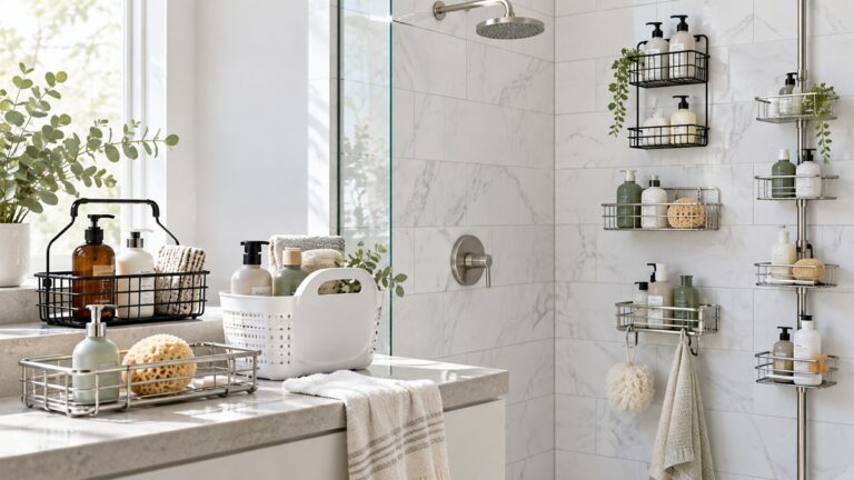 A clear comparison scene showing bathroom caddy basket options beside their intended installation or use area.