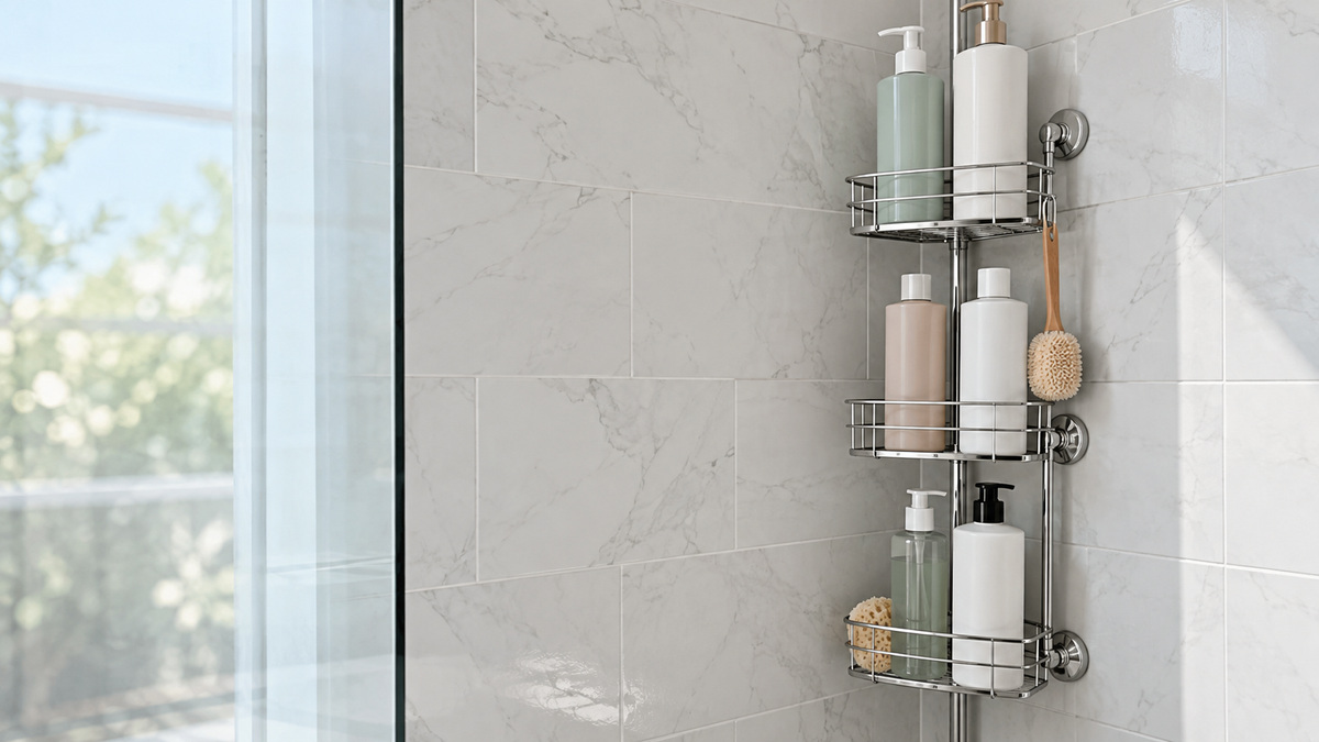 A hanging shower organizer loaded with tall bottles viewed straight on inside a tiled shower.